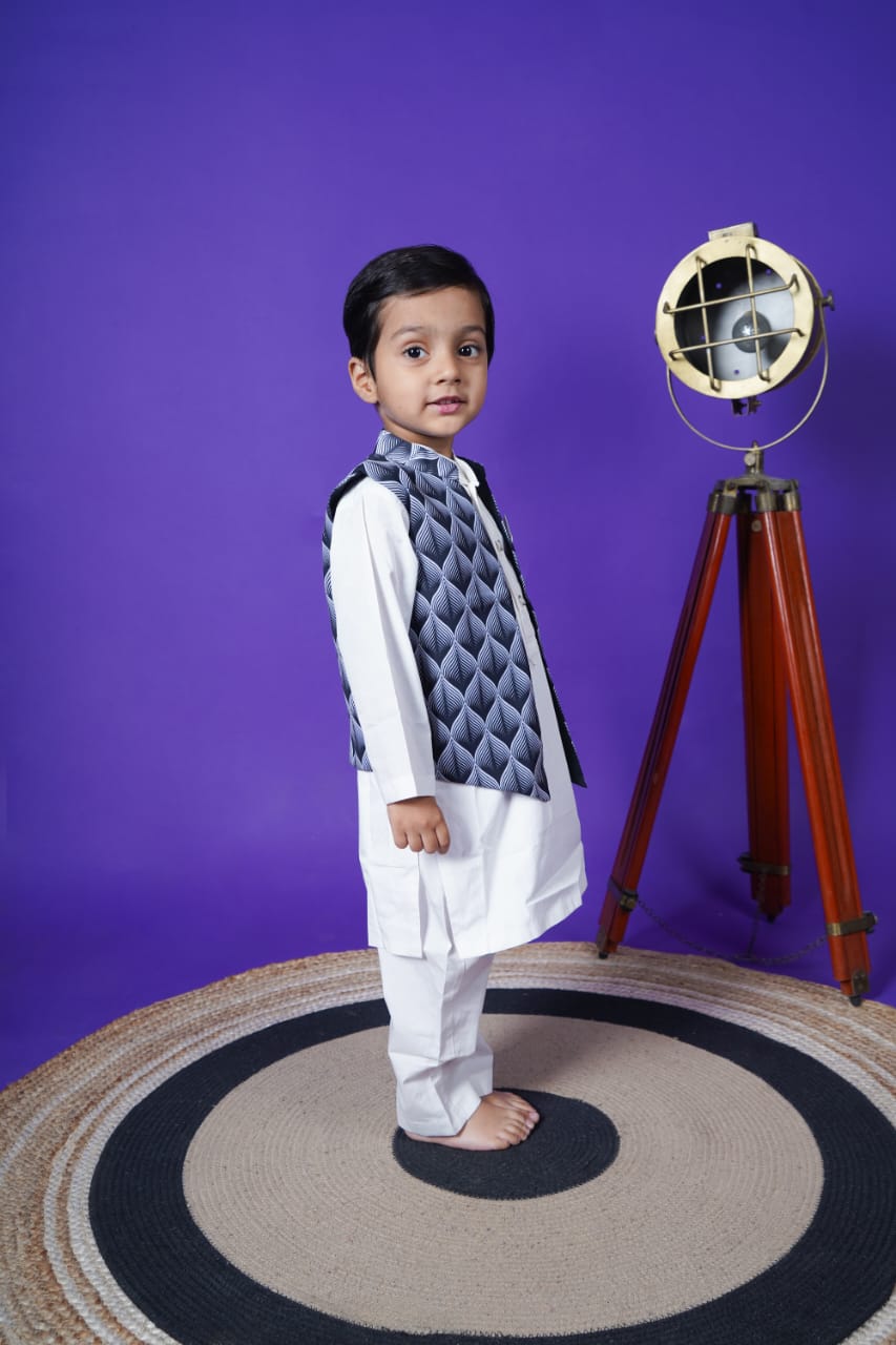 Black Printed Jacket white Kurta Pant