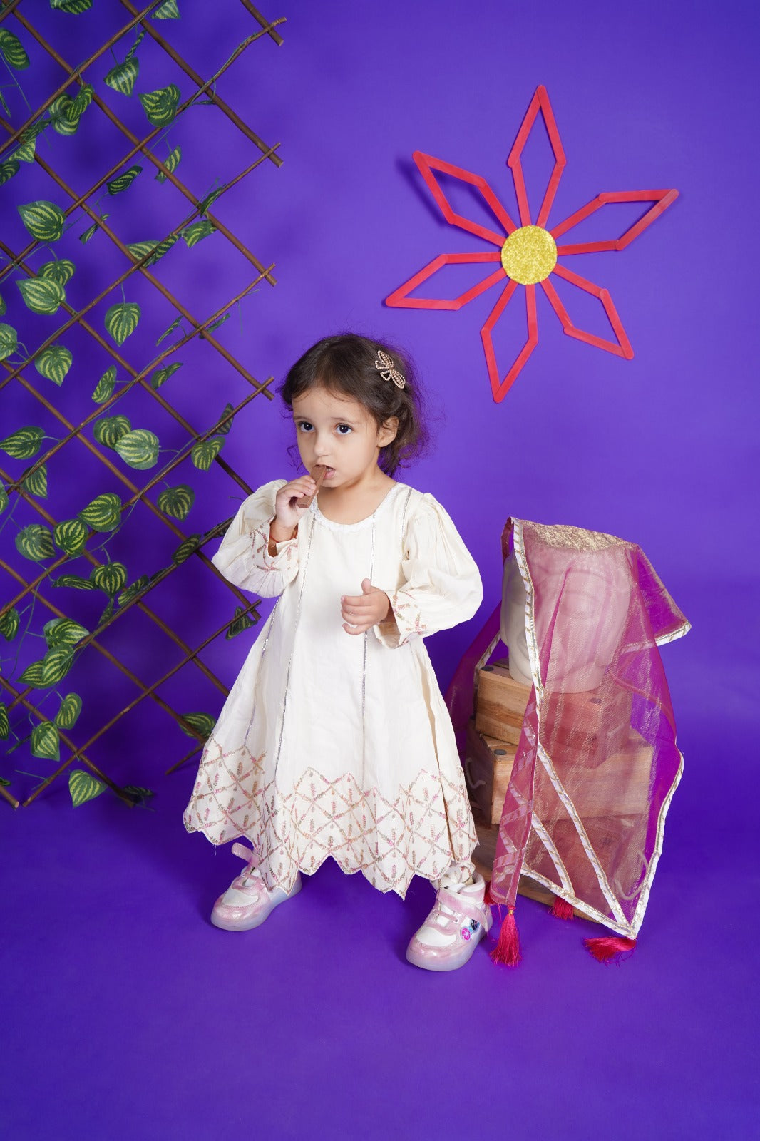Off White Anarkali Pant With Attached Dupatta
