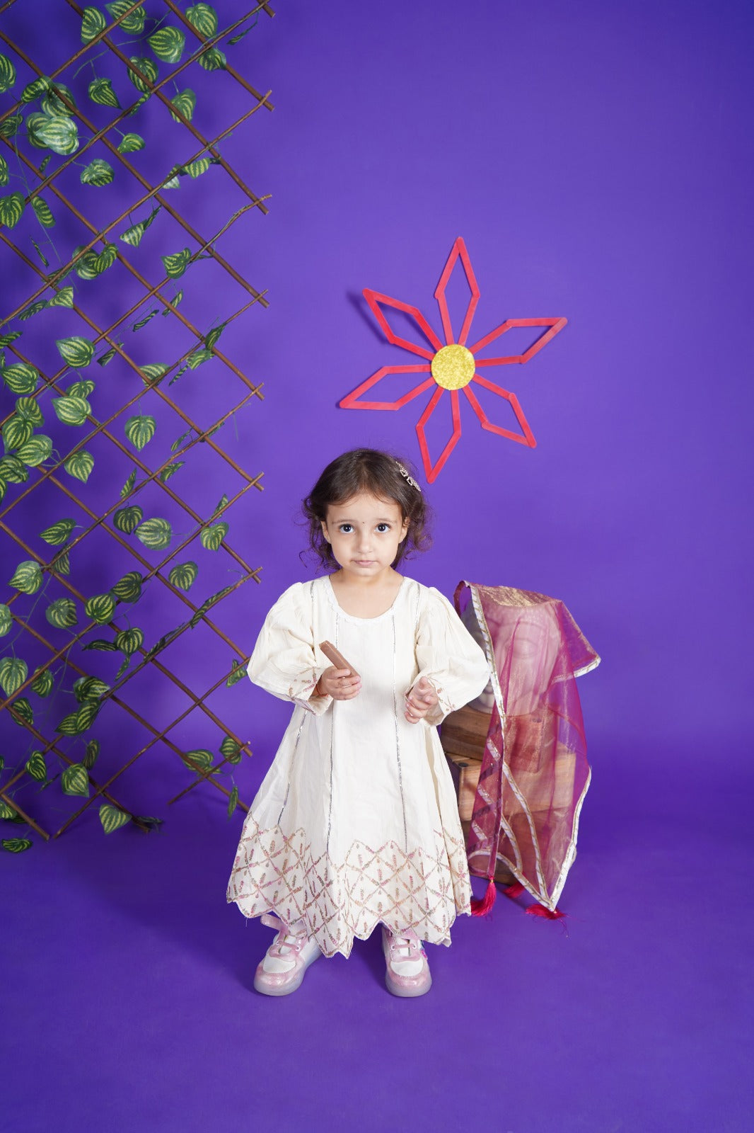 Off White Anarkali Pant With Attached Dupatta