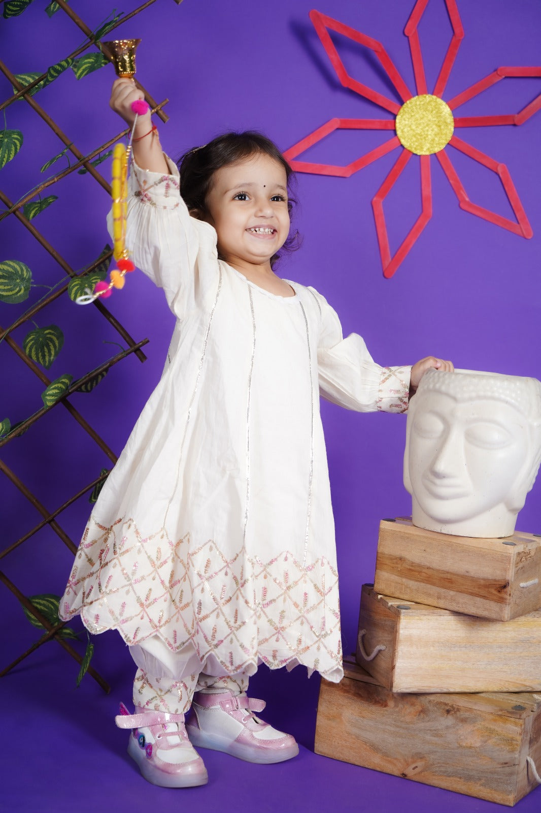 Off White Anarkali Pant With Attached Dupatta