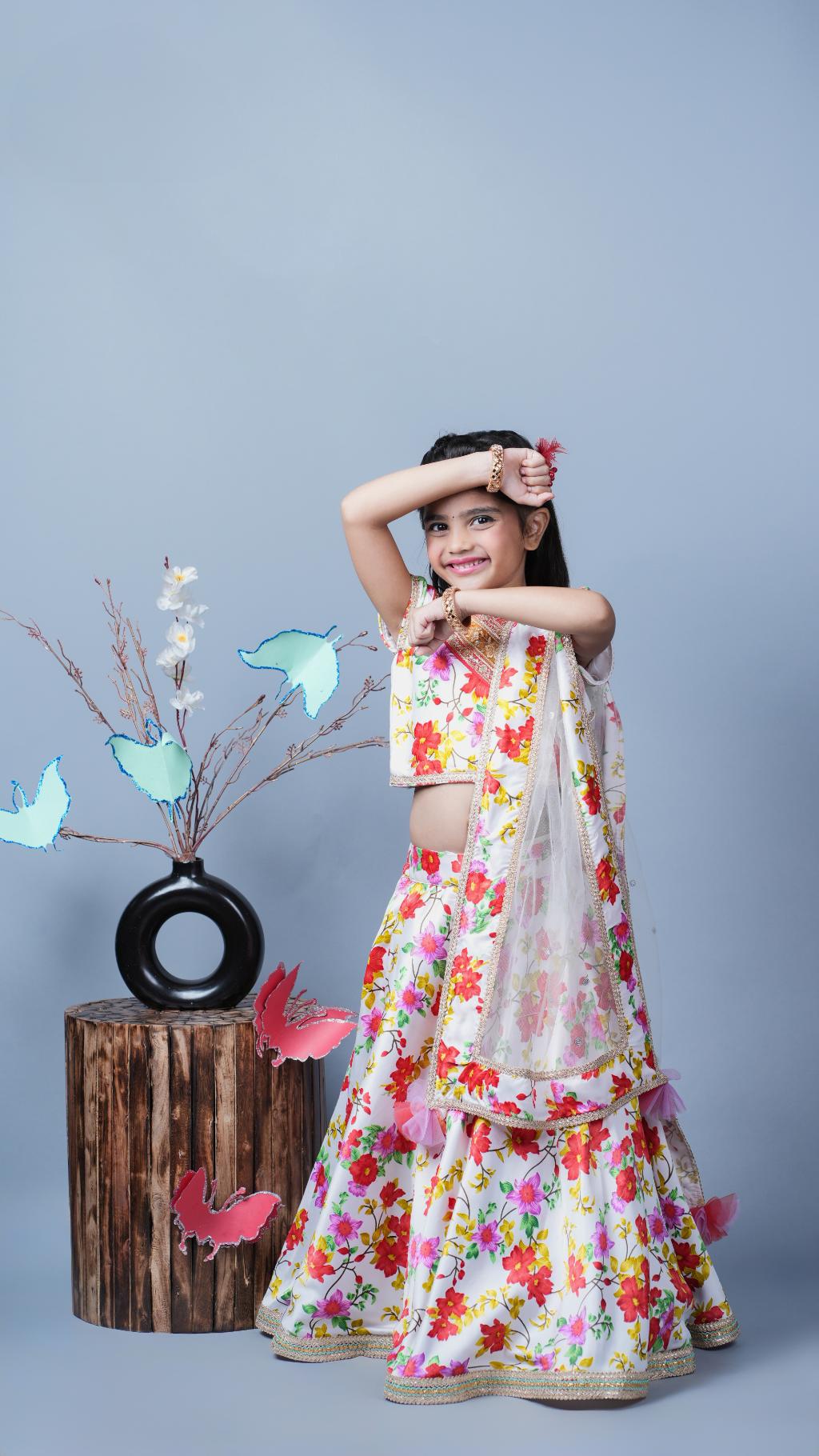 White lengha Choli With Flower Printed