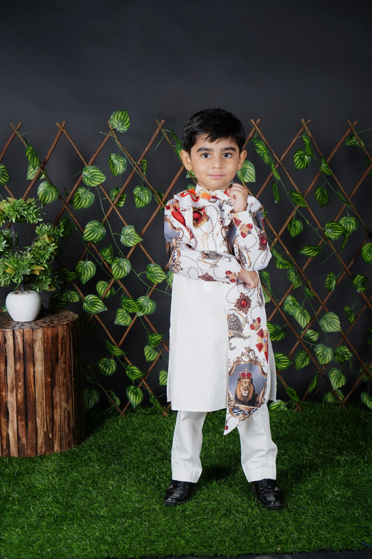 White Kurta Pant With Lion Printed