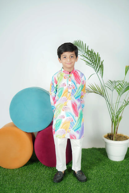 Parrot Printed Kurta Off White Pant