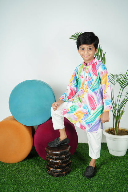 Parrot Printed Kurta Off White Pant