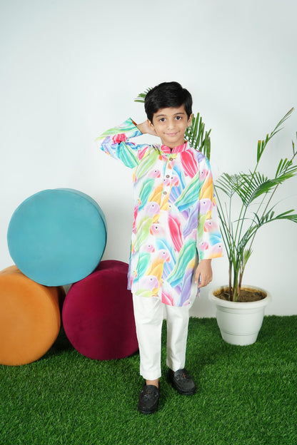 Parrot Printed Kurta Off White Pant