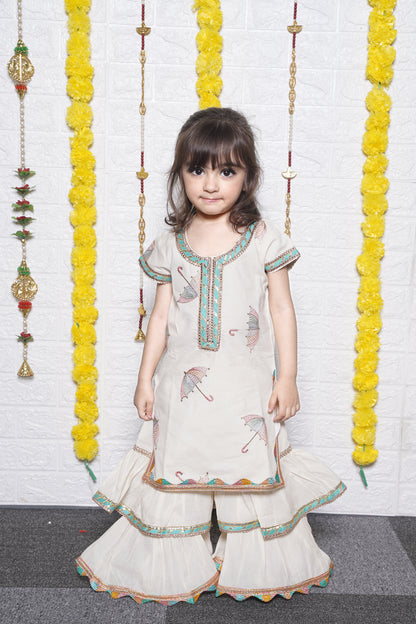 Off White Umbrella Embroidery Kurti Sharara