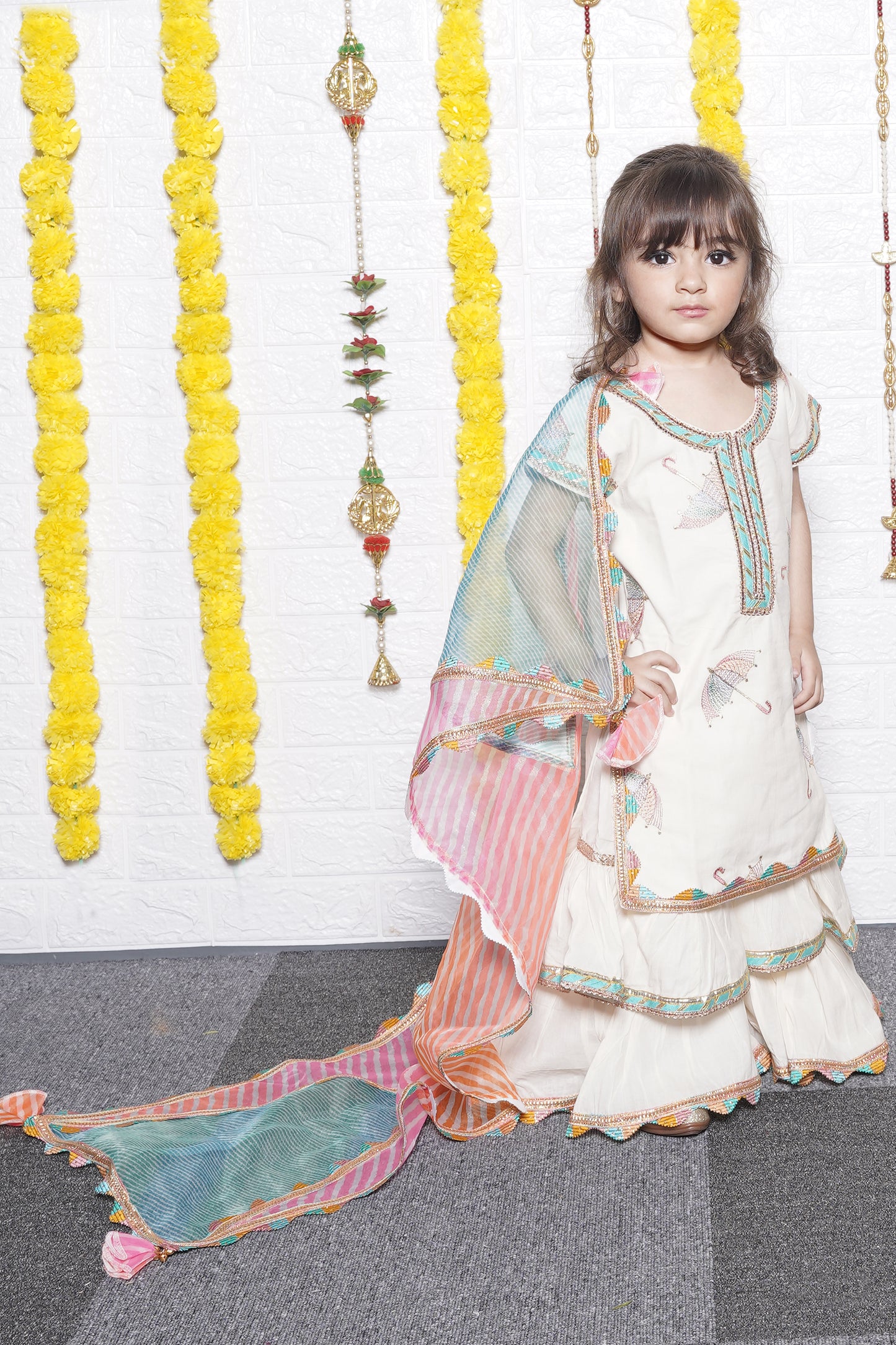 Off White Umbrella Embroidery Kurti Sharara