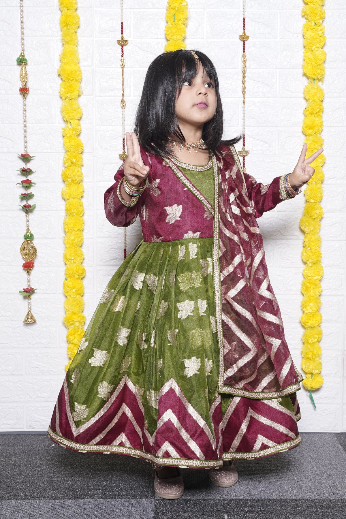 Mehroon Green Anarkali Chanderi