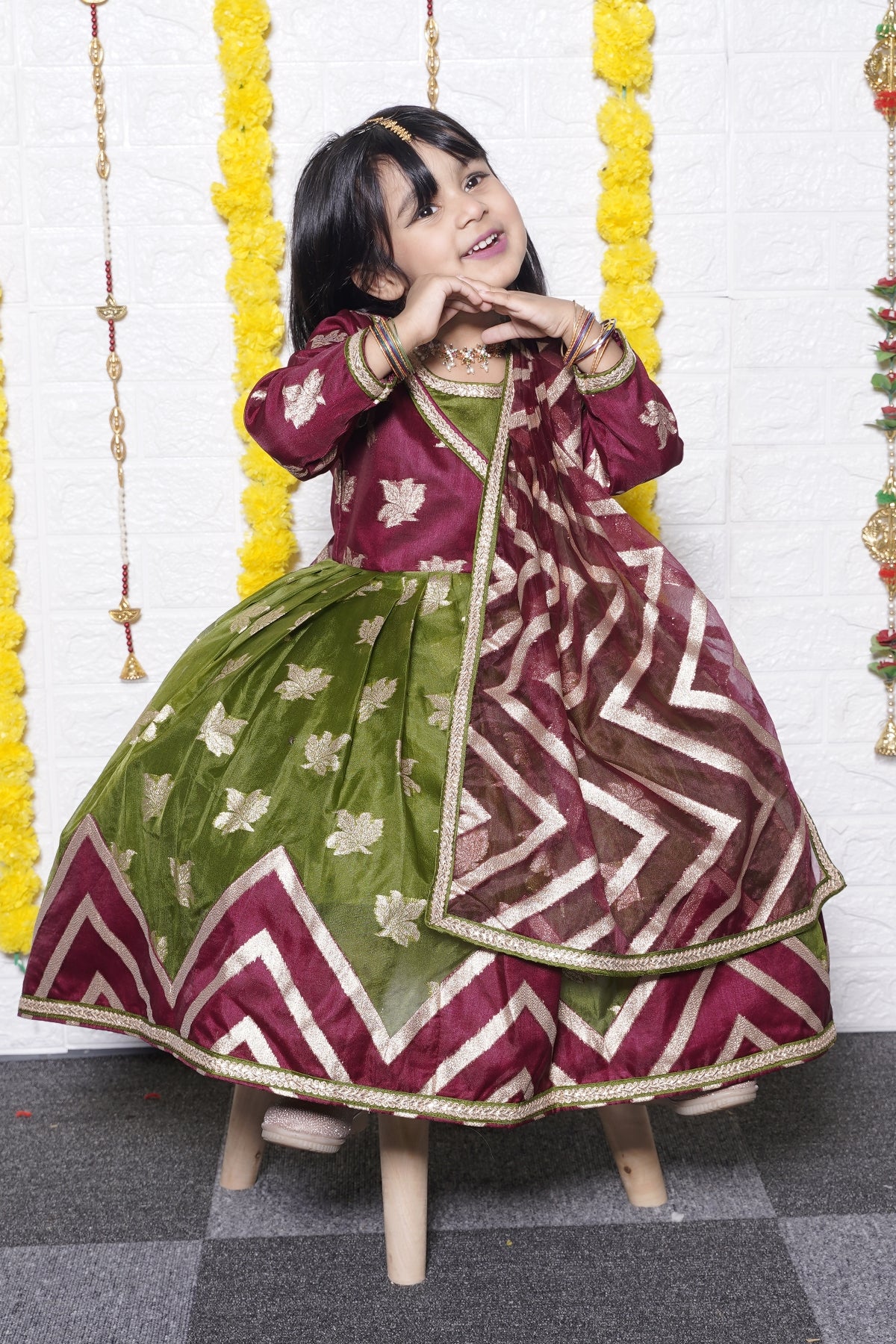 Mehroon Green Anarkali Chanderi