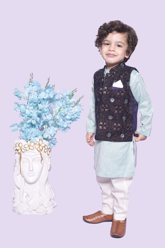 Aqua Kurta Off White Chudidar Blue Nehru Jacket