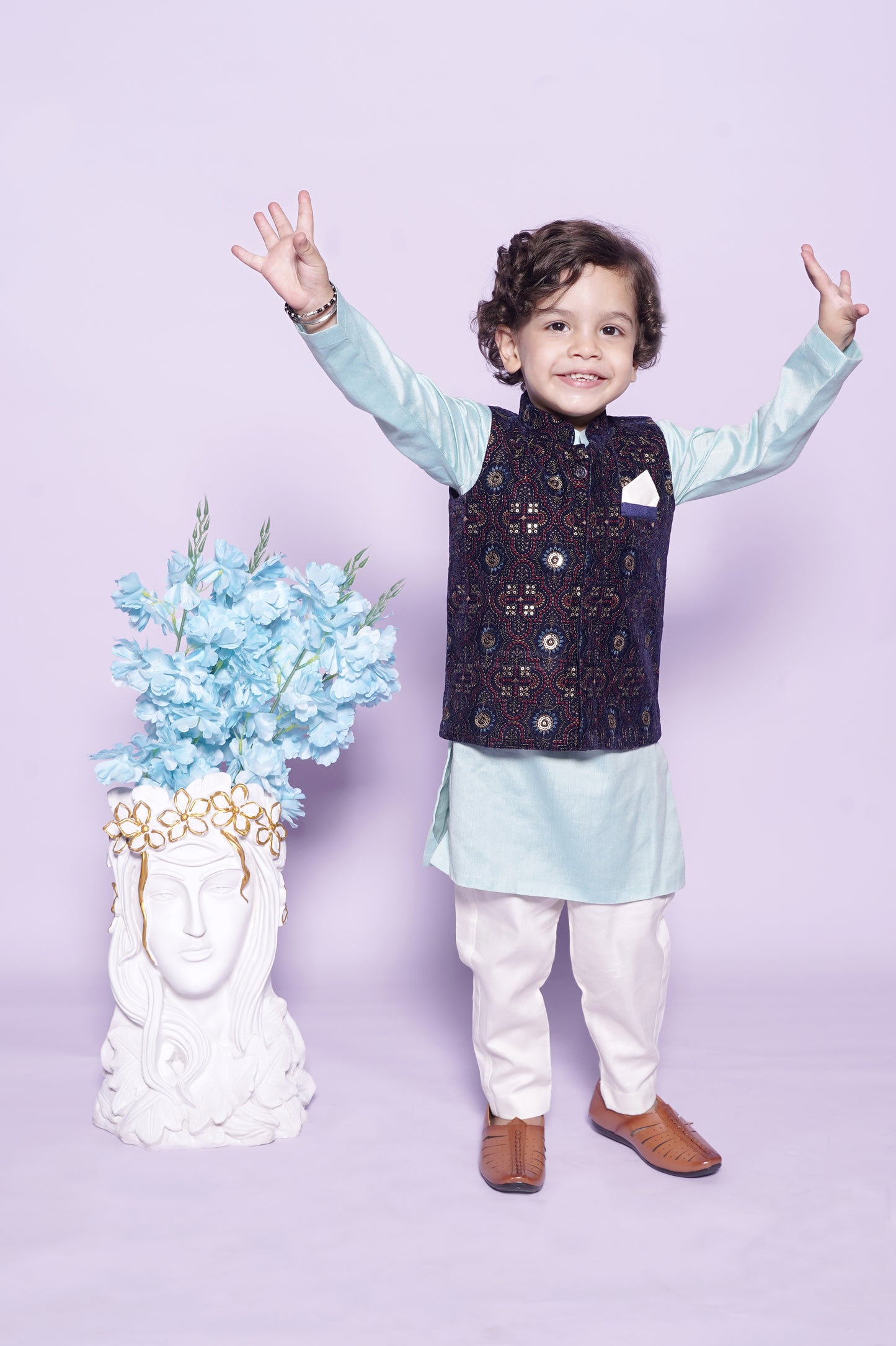 Aqua Kurta Off White Chudidar Blue Nehru Jacket