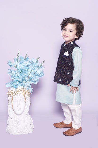 Aqua Kurta Off White Chudidar Blue Nehru Jacket