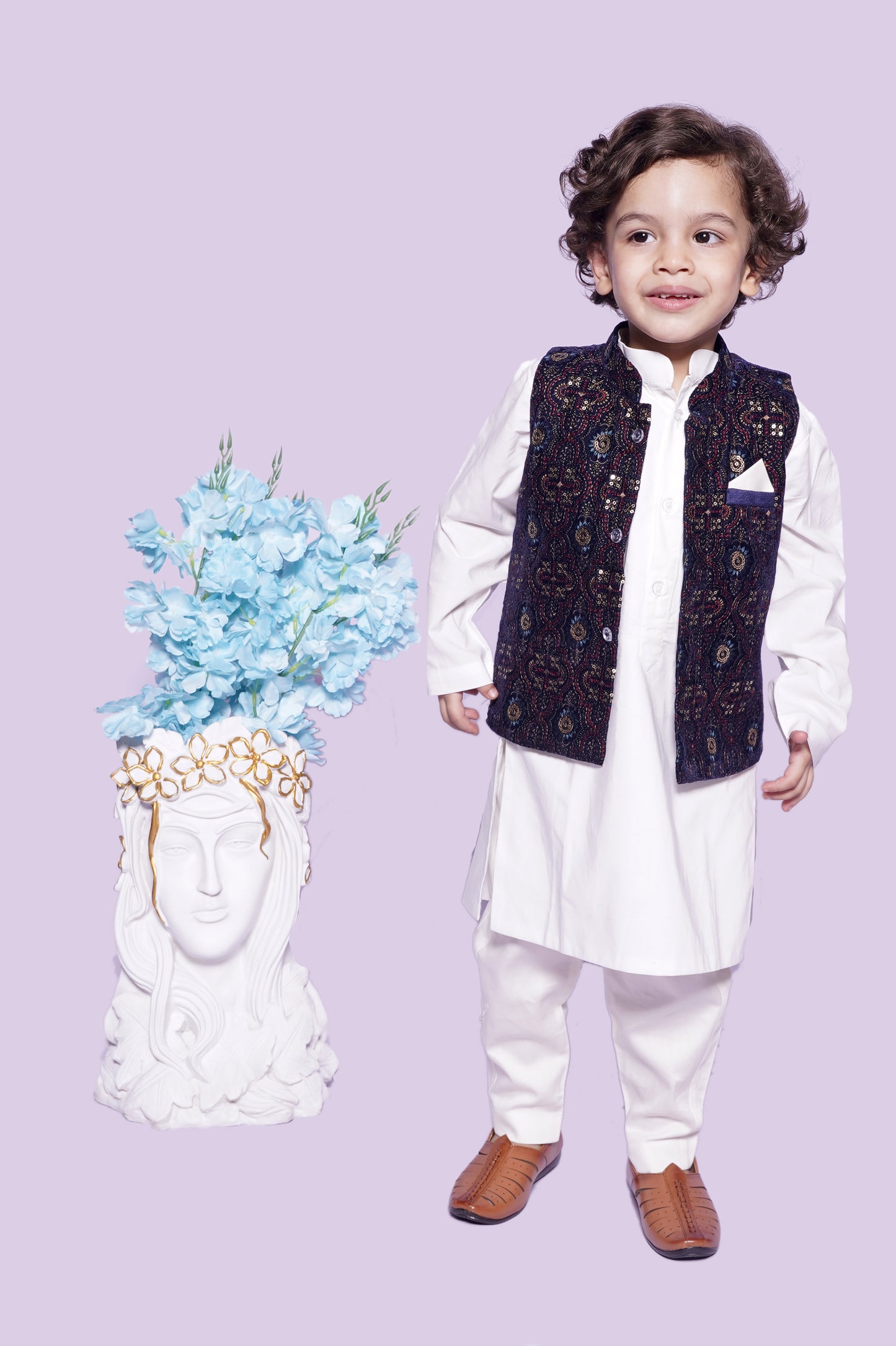 Off White Chudidar Kurta Blue Nehru Jacket