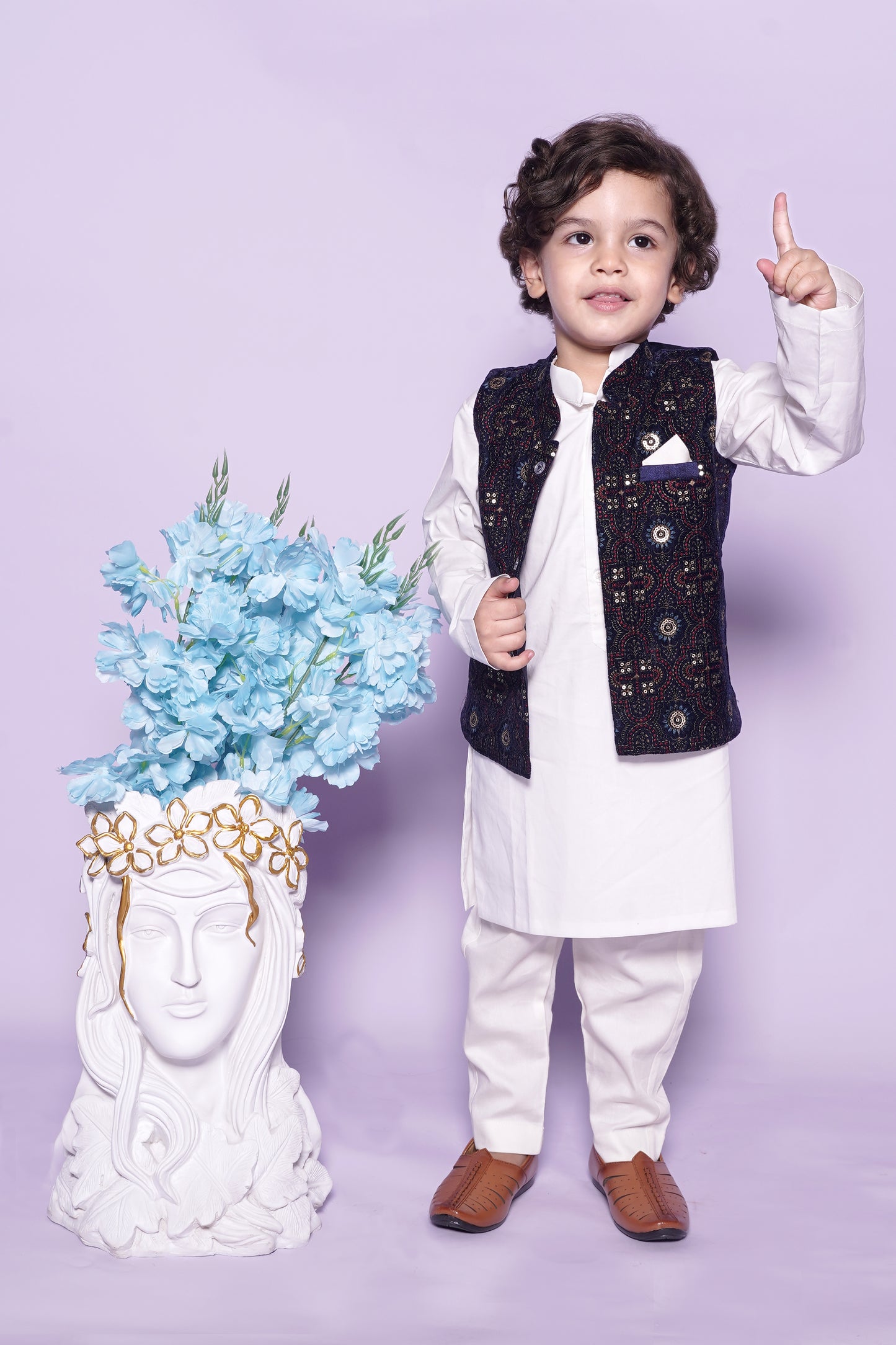 Off White Chudidar Kurta Blue Nehru Jacket