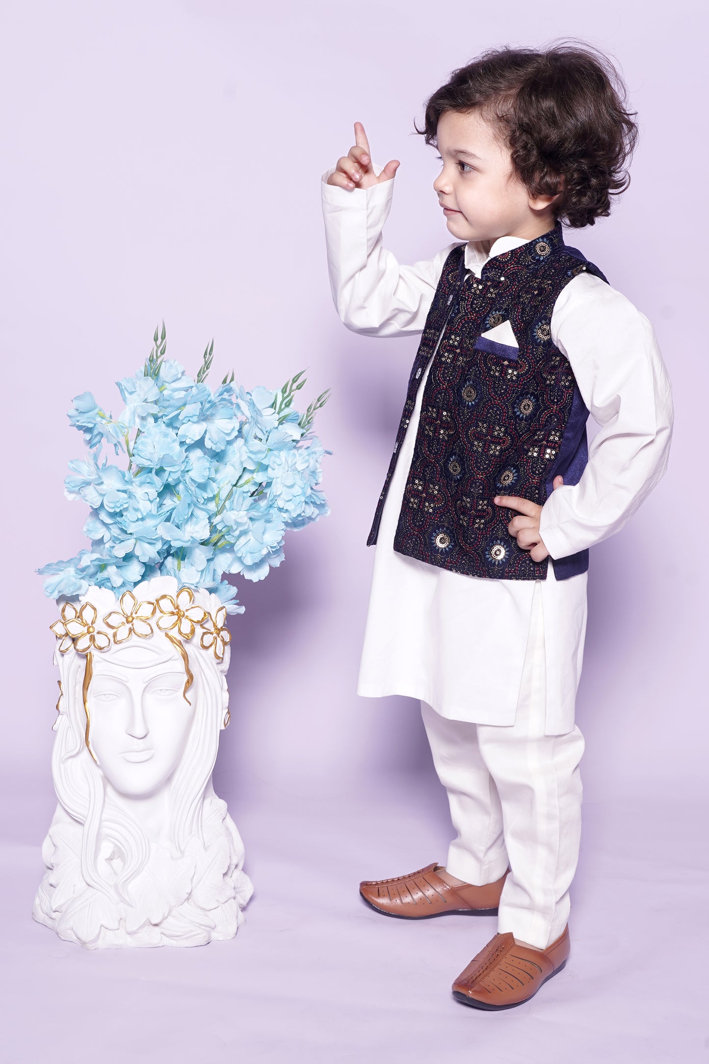 Off White Chudidar Kurta Blue Nehru Jacket