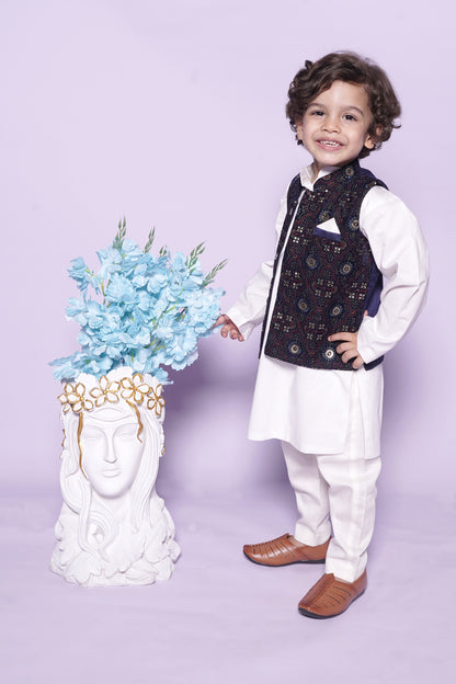 Off White Chudidar Kurta Blue Nehru Jacket