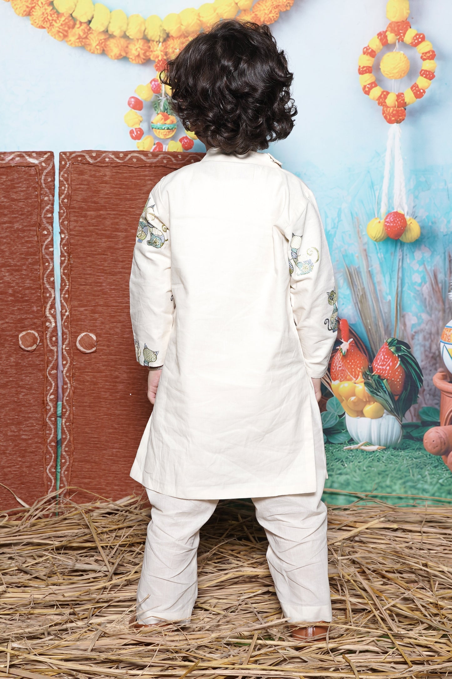 Off White Cat Embroidery Kurta Pant