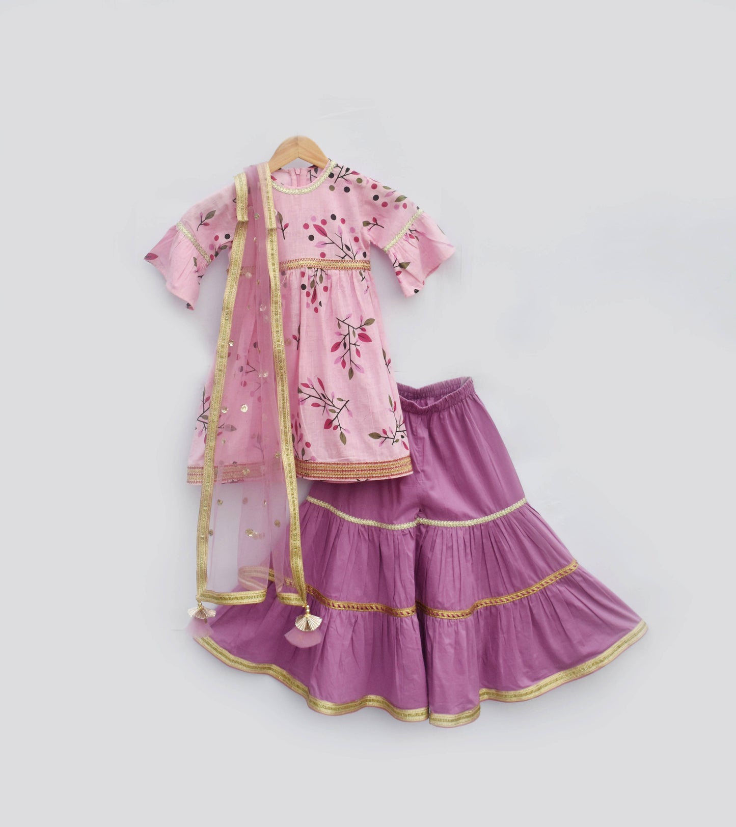 Pink Printed Kurti With Light Purple Sharara