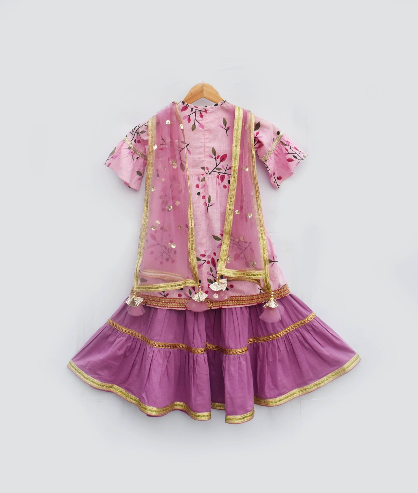 Pink Printed Kurti With Light Purple Sharara