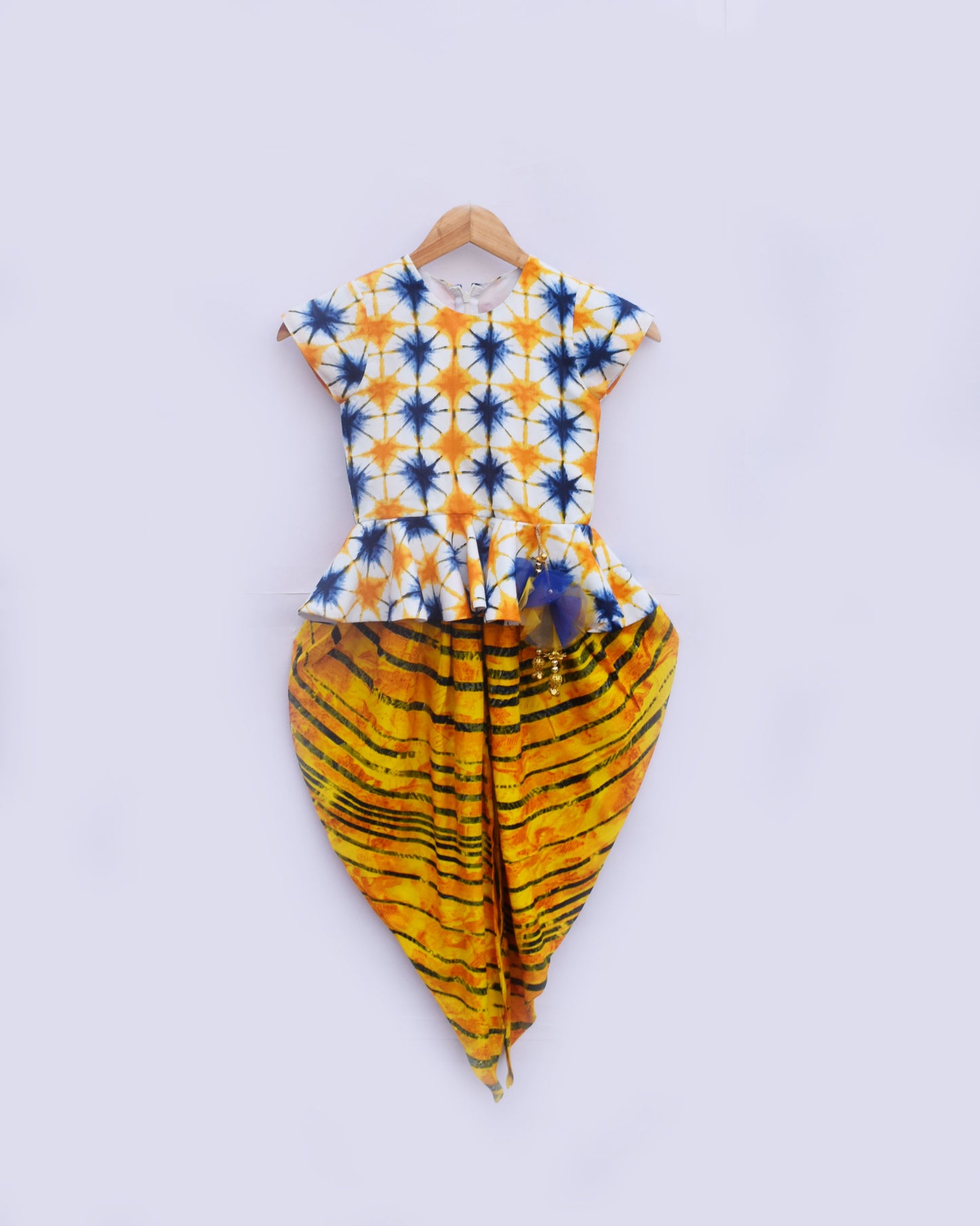 White Printed Peplum Top with Yellow Tie and Die Dhoti