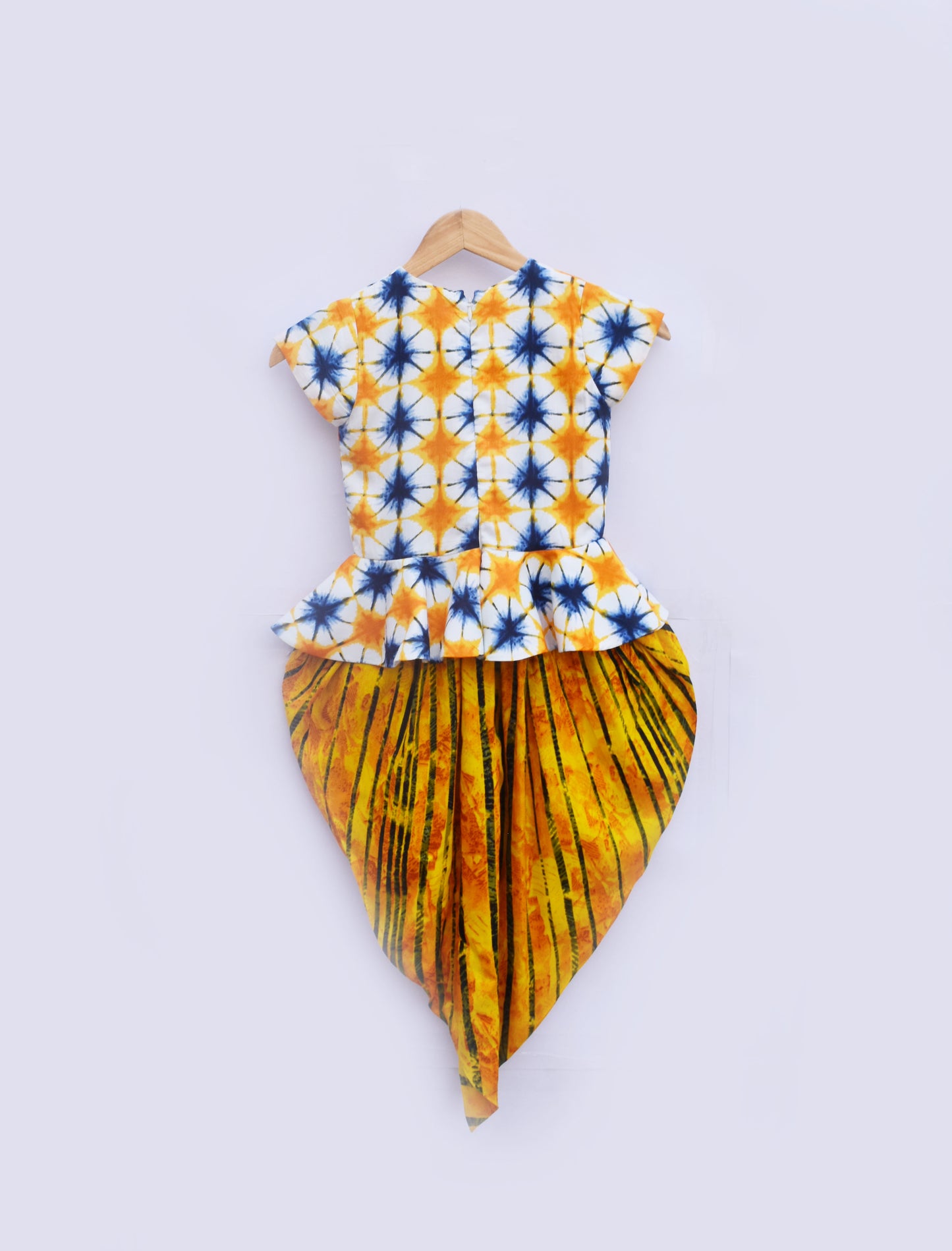 White Printed Peplum Top with Yellow Tie and Die Dhoti