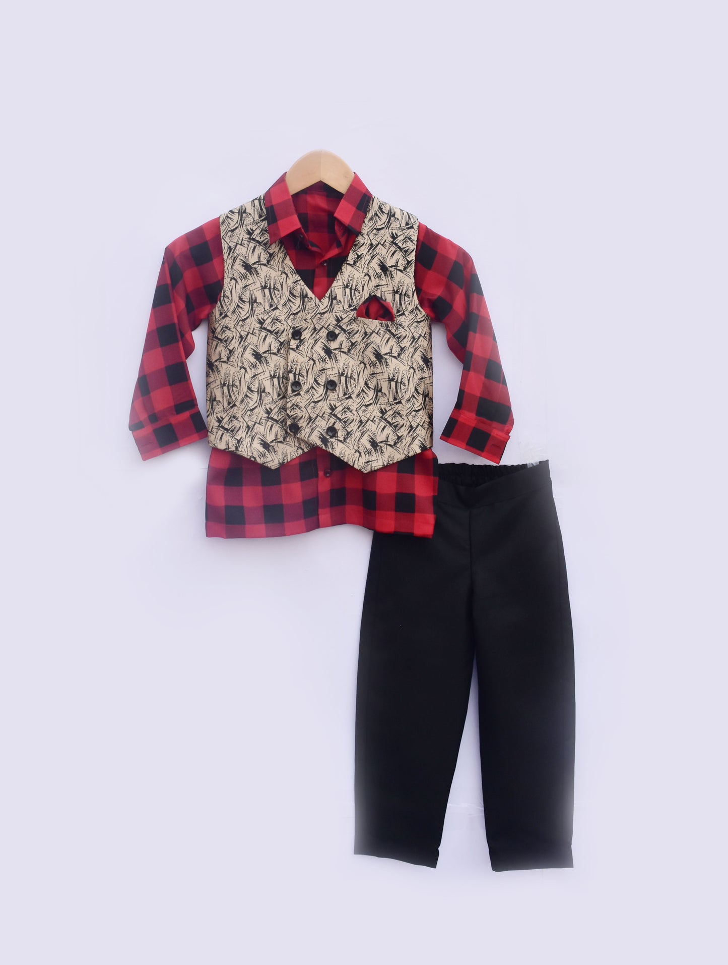 Brocade Waistcoat With Red Check Shirt And Black Pant