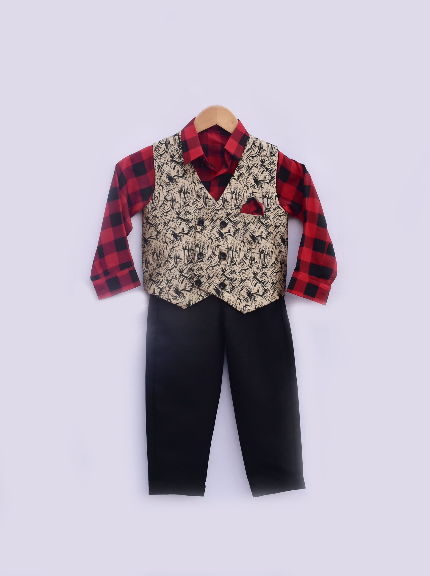 Brocade Waistcoat With Red Check Shirt And Black Pant