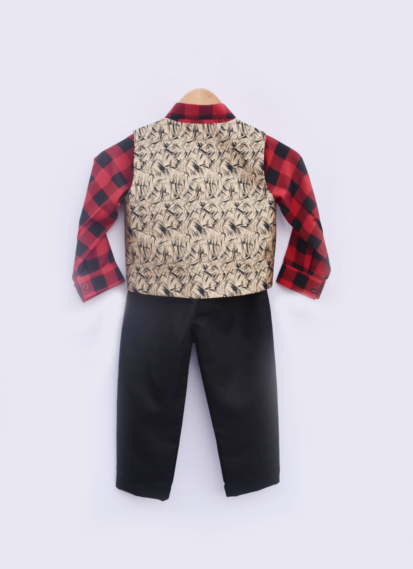 Brocade Waistcoat With Red Check Shirt And Black Pant