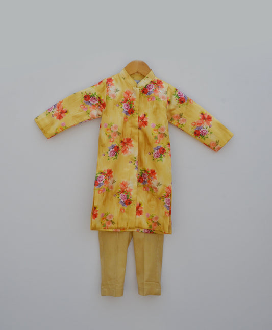 Yellow Printed Ajkan with Pant