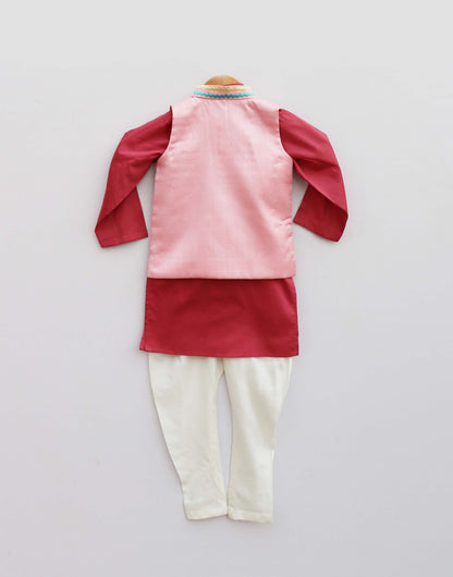 Baby Pink Embroidery Jacket With Maroon Kurta and Pant