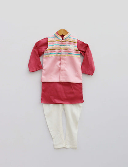 Baby Pink Embroidery Jacket With Maroon Kurta and Pant