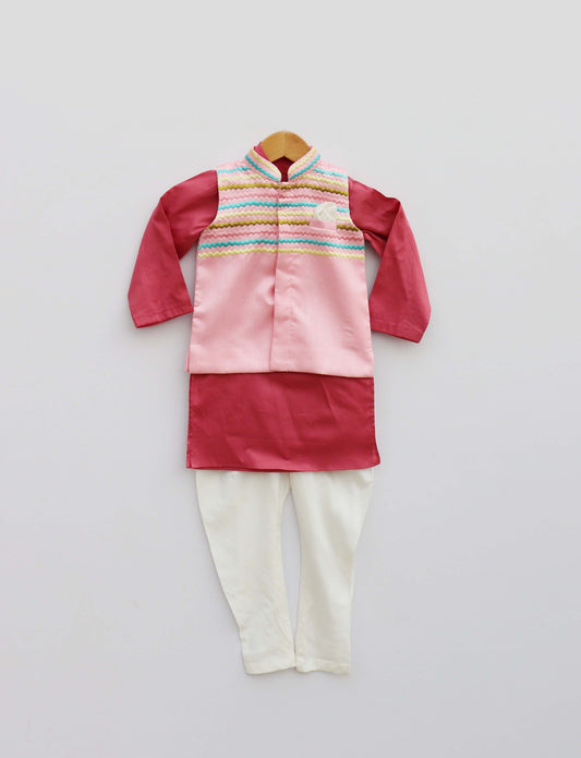 Baby Pink Embroidery Jacket With Maroon Kurta and Pant