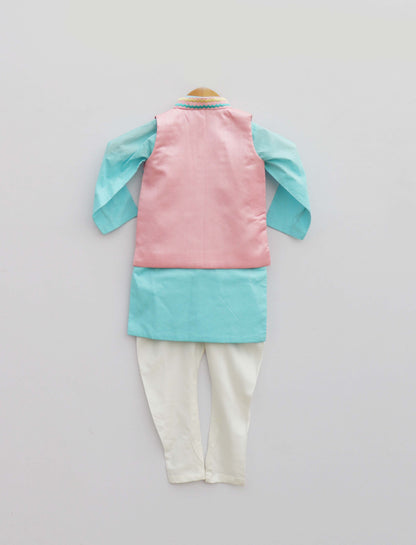 Baby Pink Embroidery Jacket With Blue Kurta and Pant