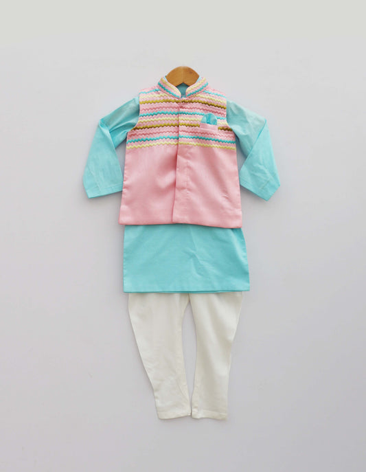 Baby Pink Embroidery Jacket With Blue Kurta and Pant