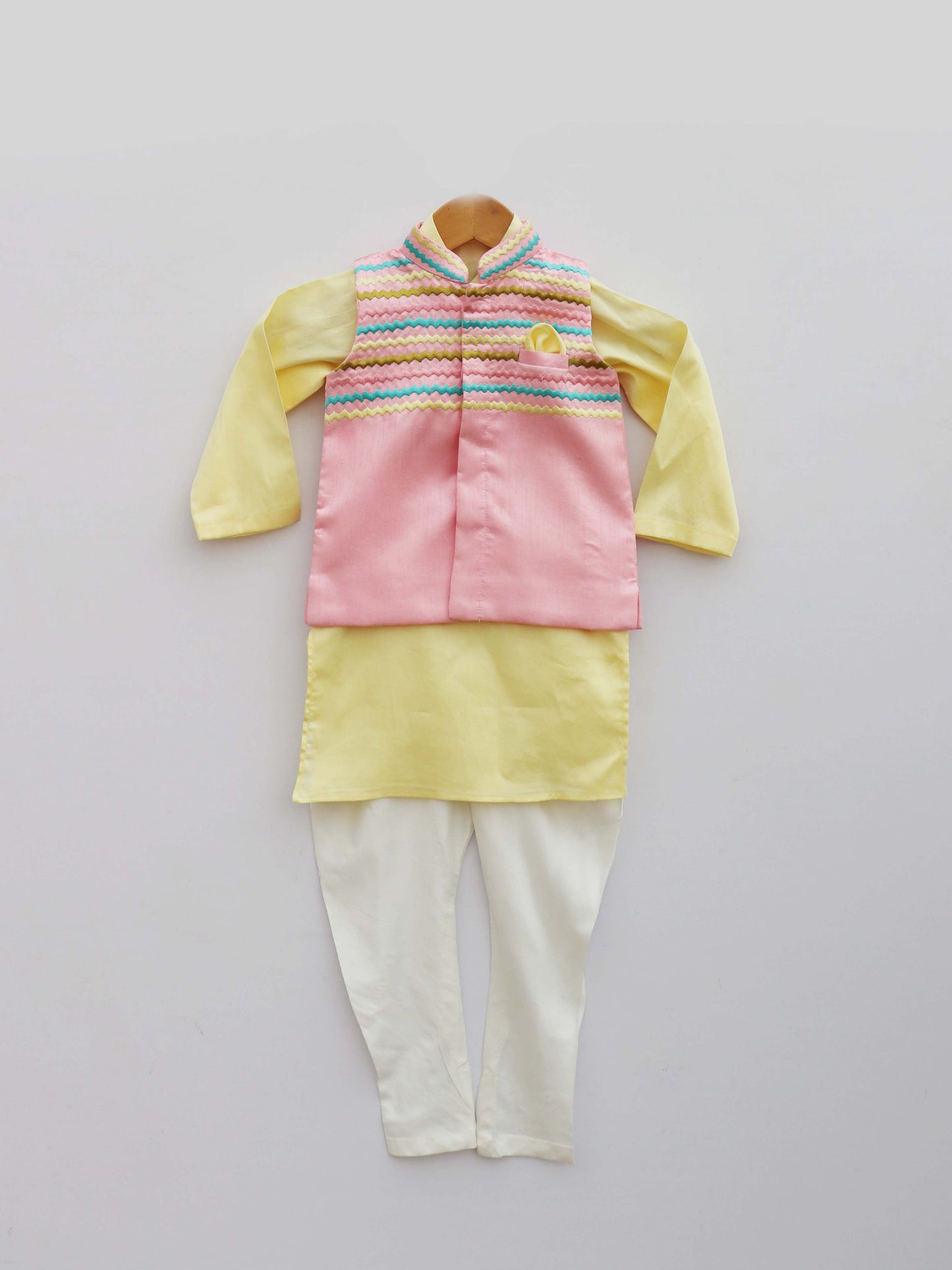 Baby Pink Embroidery Jacket With Yellow Kurta and Pant