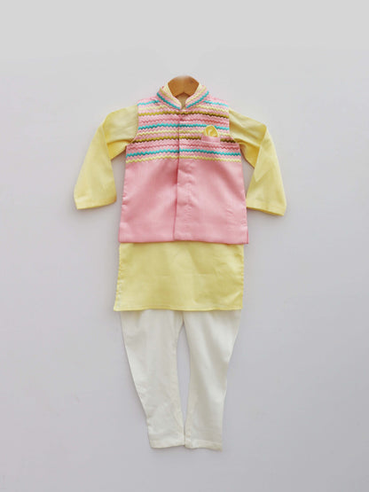 Baby Pink Embroidery Jacket With Yellow Kurta and Pant