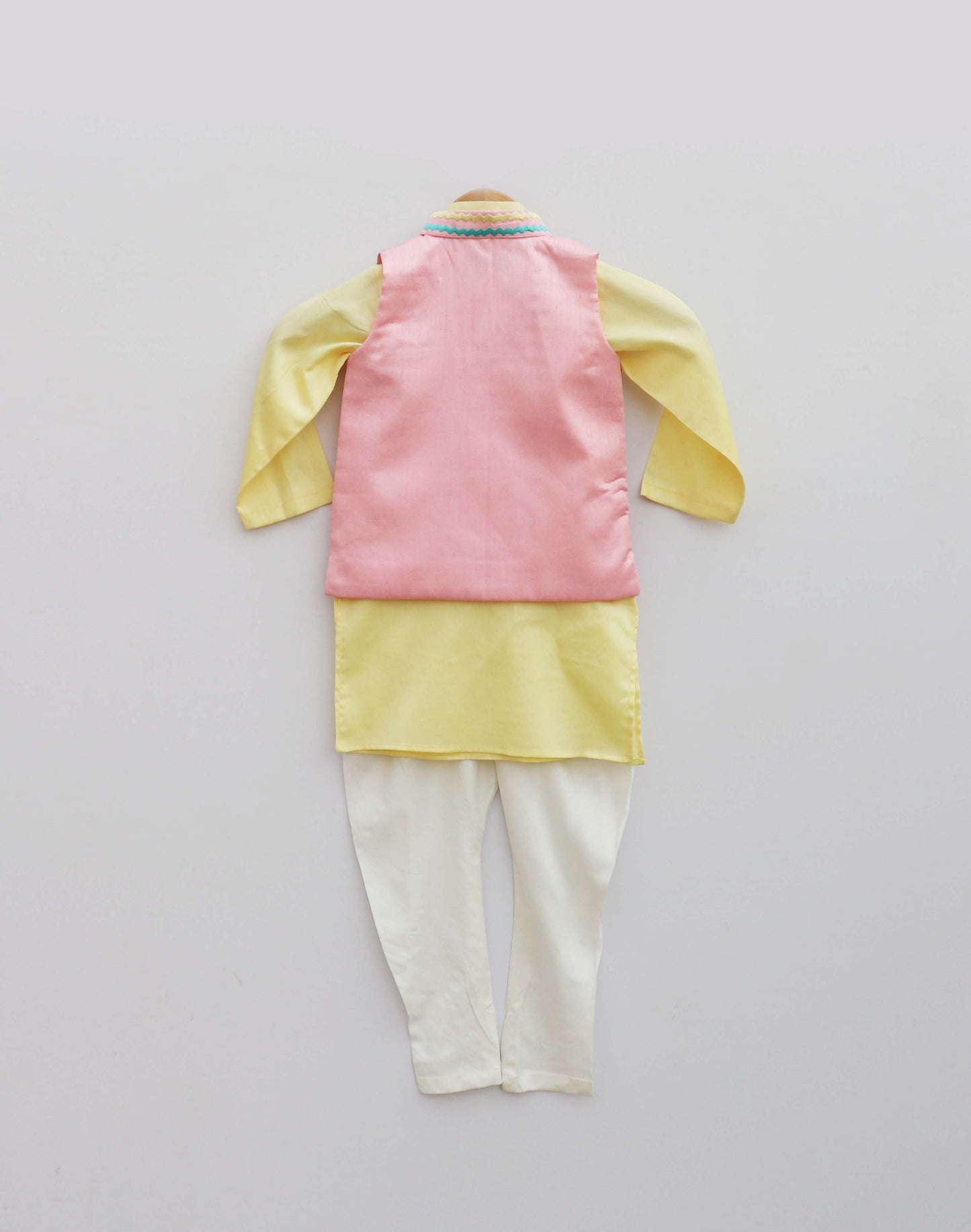 Baby Pink Embroidery Jacket With Yellow Kurta and Pant