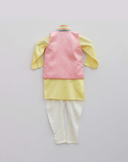 Baby Pink Embroidery Jacket With Yellow Kurta and Pant