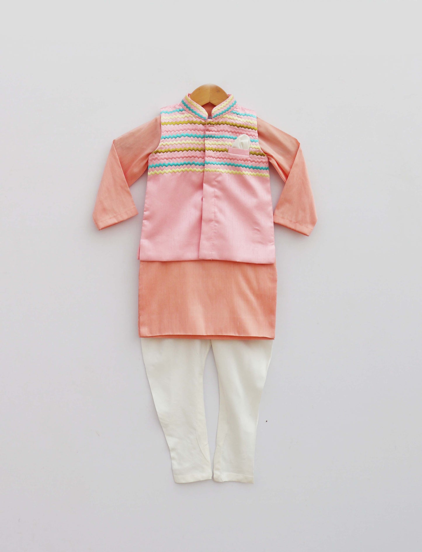 Baby Pink Embroidery Jacket With Peach Kurta and Pant