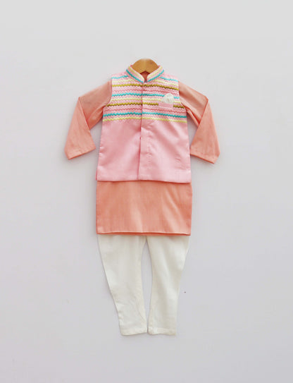 Baby Pink Embroidery Jacket With Peach Kurta and Pant