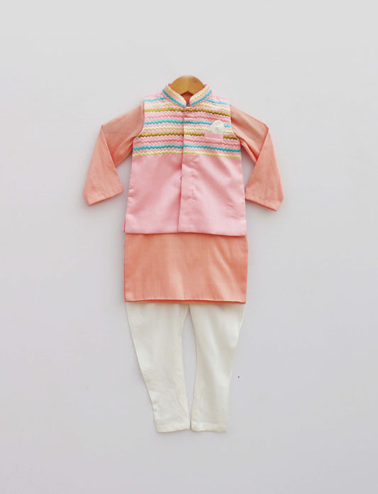 Baby Pink Embroidery Jacket With Peach Kurta and Pant