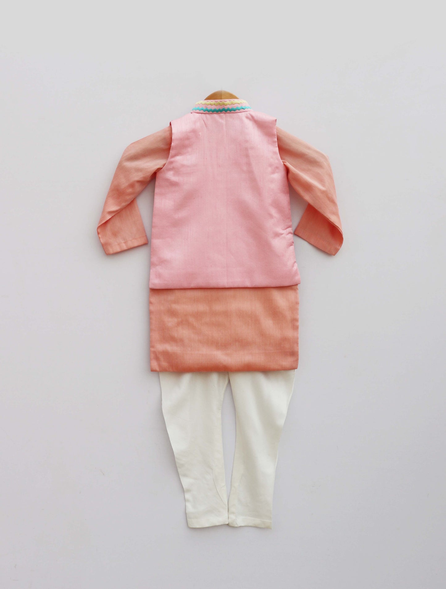 Baby Pink Embroidery Jacket With Peach Kurta and Pant