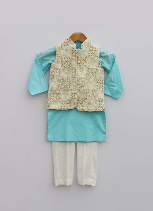 Off White Embroidery Jacket With Blue Kurta And Churidar