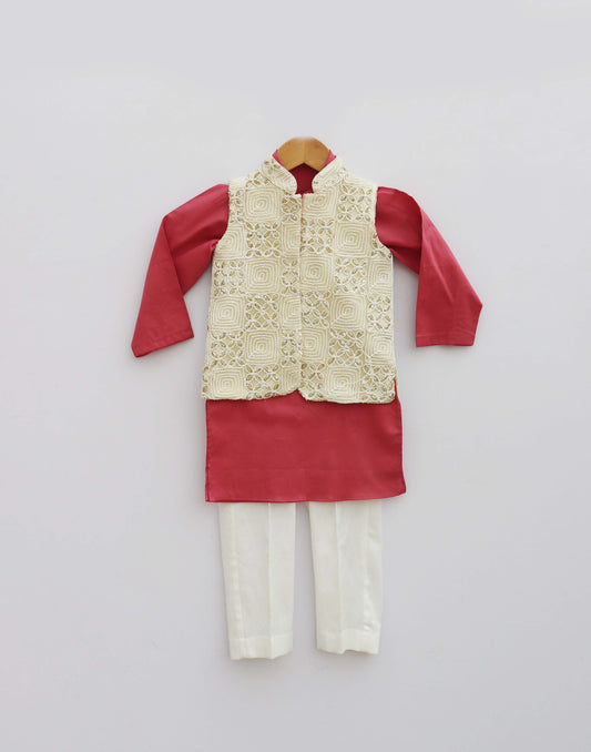 Off White Embroidery Jacket With Maroon Kurta And Churidar