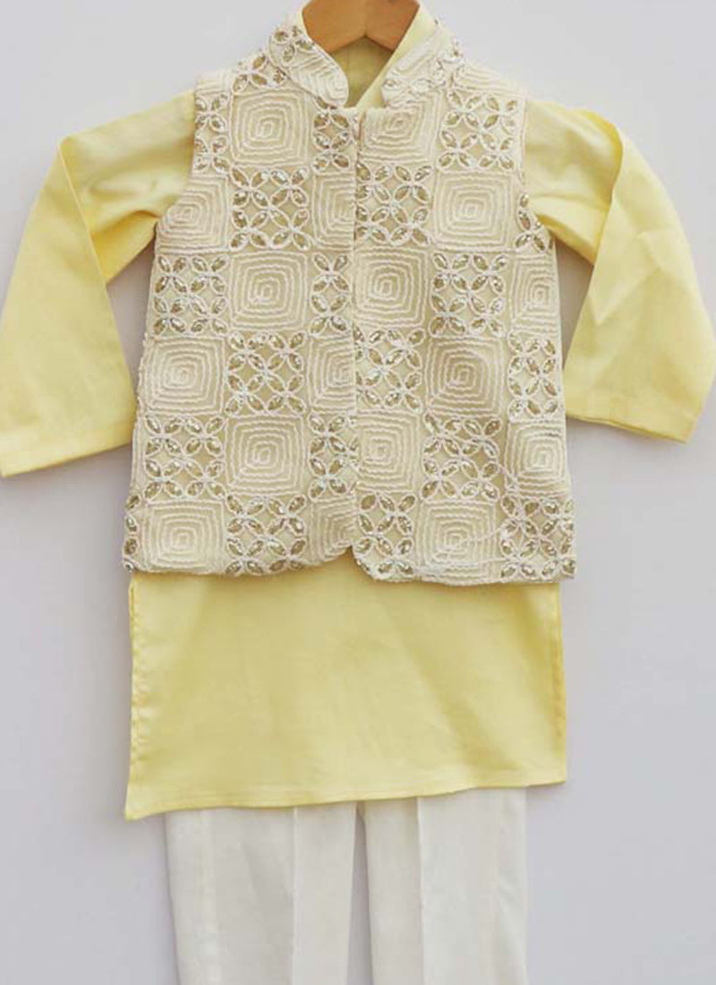 Off White Embroidery Jacket With Yellow Kurta And Churidar