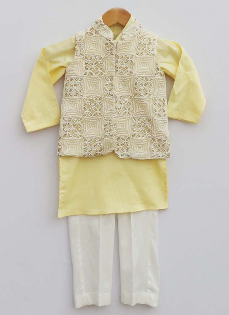 Off White Embroidery Jacket With Yellow Kurta And Churidar