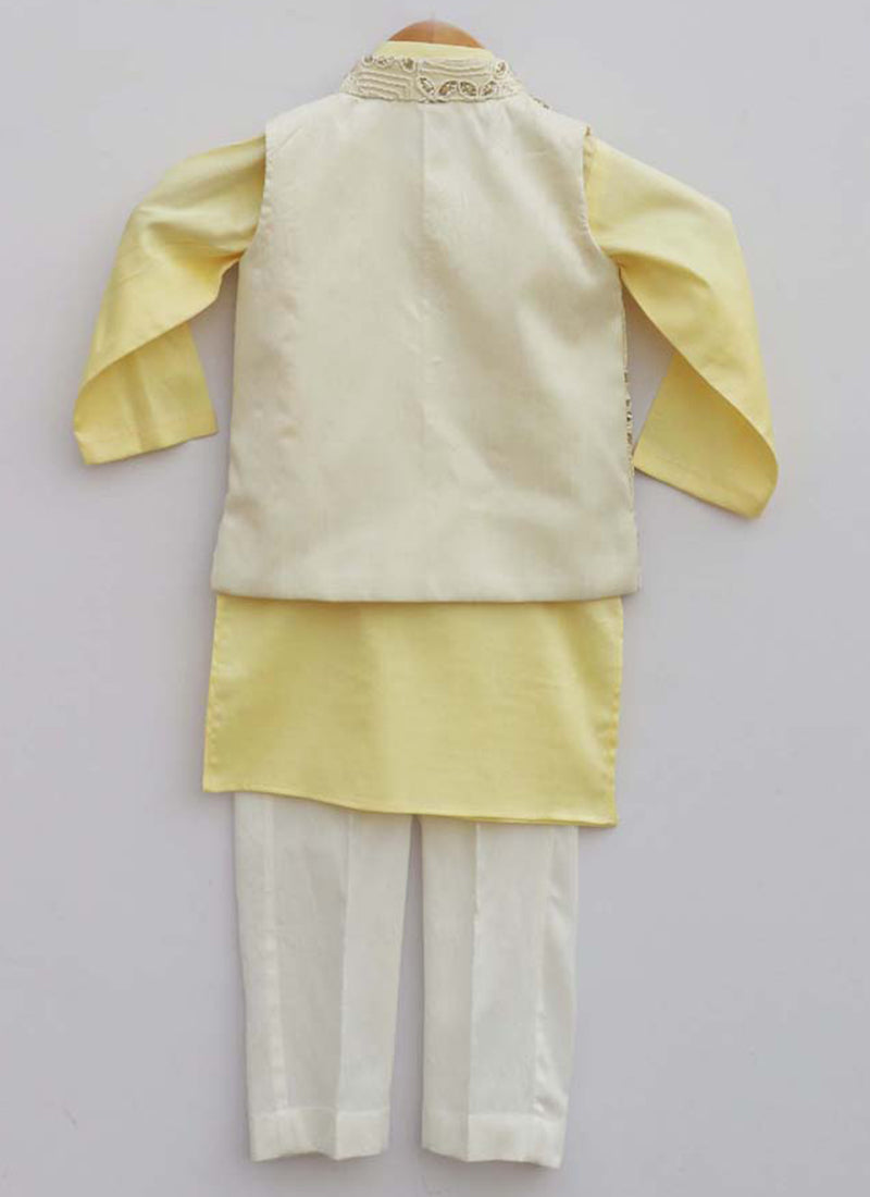 Off White Embroidery Jacket With Yellow Kurta And Churidar