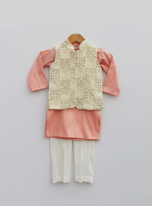 Off White Embroidery Jacket With Peach Kurta And Churidar