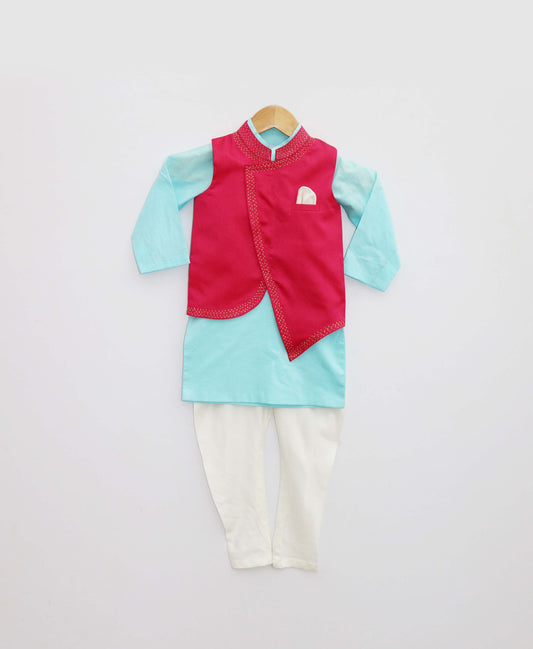 Hot Pink Embroidery Jacket With Blue Kurta And Pant