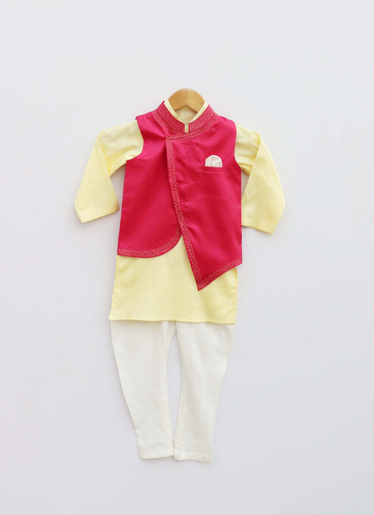 Hot Pink Embroidery Jacket With Yellow Kurta And Pant